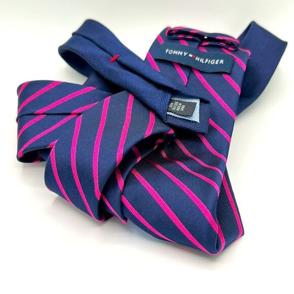 Tommy Hilfiger 100% Silk Navy and Pink Striped Tie - Picture 2 of 4